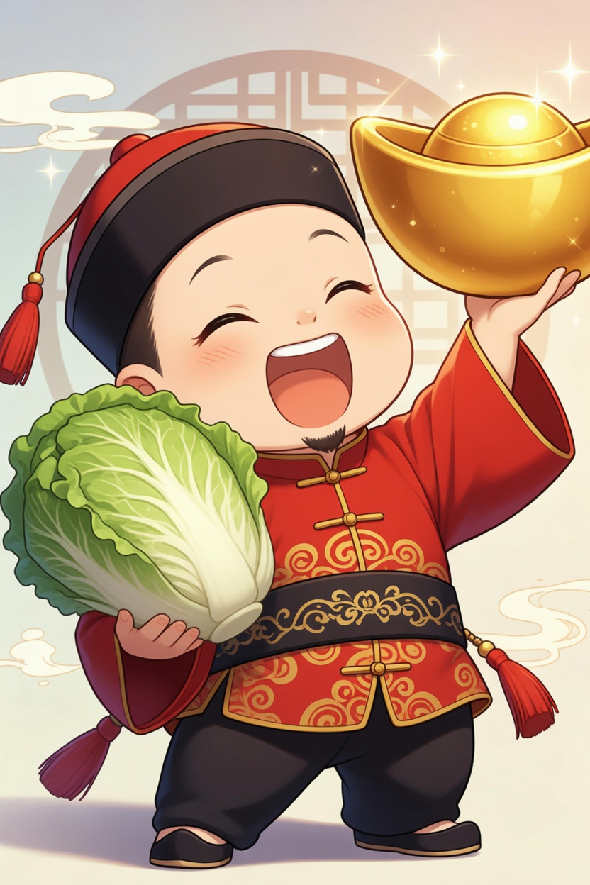 财神举着大头菜和元宝